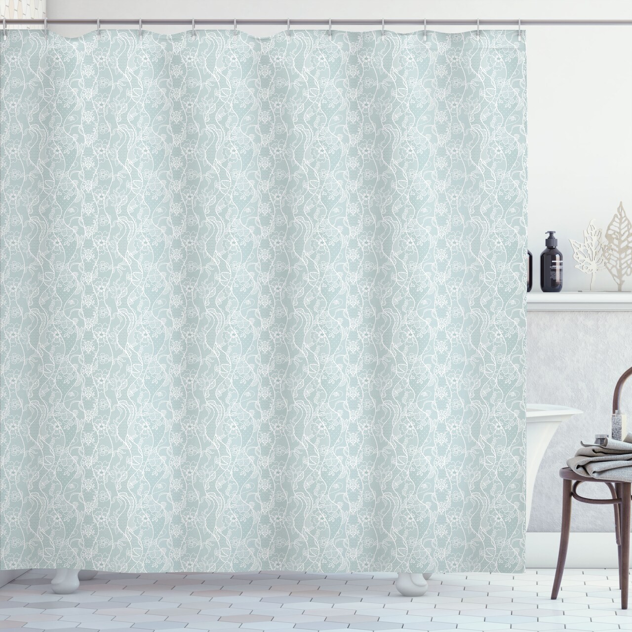 Ambesonne Vintage Shower Curtain, Lace Pattern Backdrop with Floral Composition Victorian Inspirations Wedding, Cloth Fabric Bathroom Decor Set with Hooks, 69" W x 70" L, Seafoam White